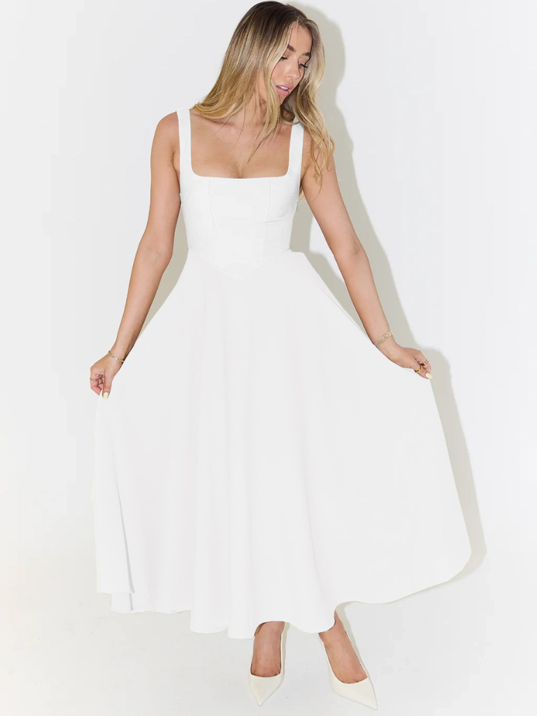 White midi dress side view, sleeveless square neckline, flared skirt, fitted waist