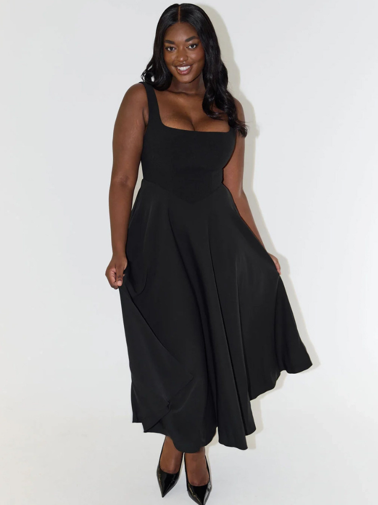 Black midi dress, sleeveless square neckline, fitted waist, flared skirt