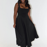 Black midi dress, sleeveless square neckline, fitted waist, flared skirt