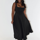 Black midi dress, sleeveless square neckline, fitted waist, flared skirt