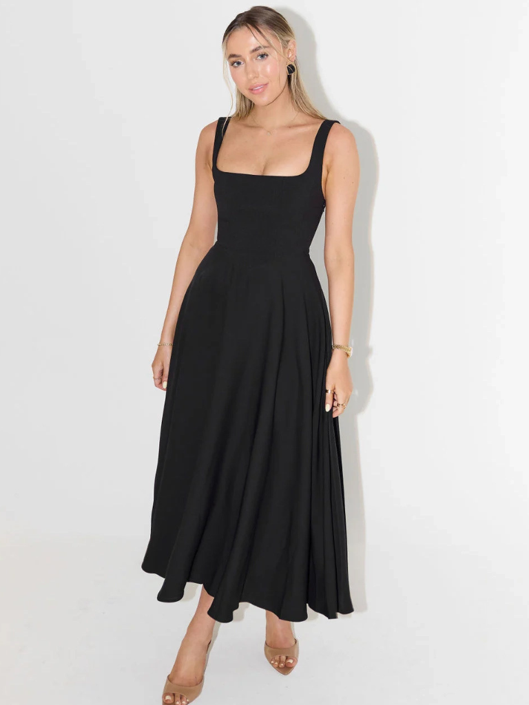 Black square-neck sleeveless midi dress with fitted waist and mid-calf flared hem