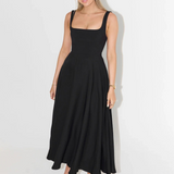 Black square-neck sleeveless midi dress with fitted waist and mid-calf flared hem
