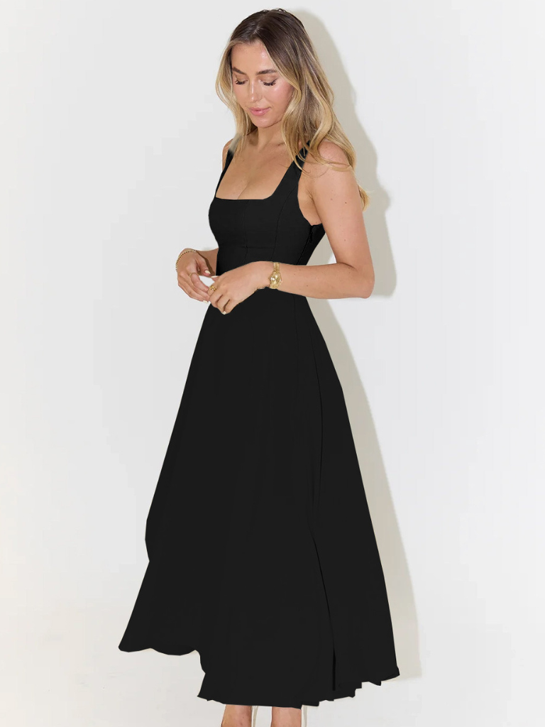 Black square-neck sleeveless midi dress with full skirt and subtle pleats at the waist