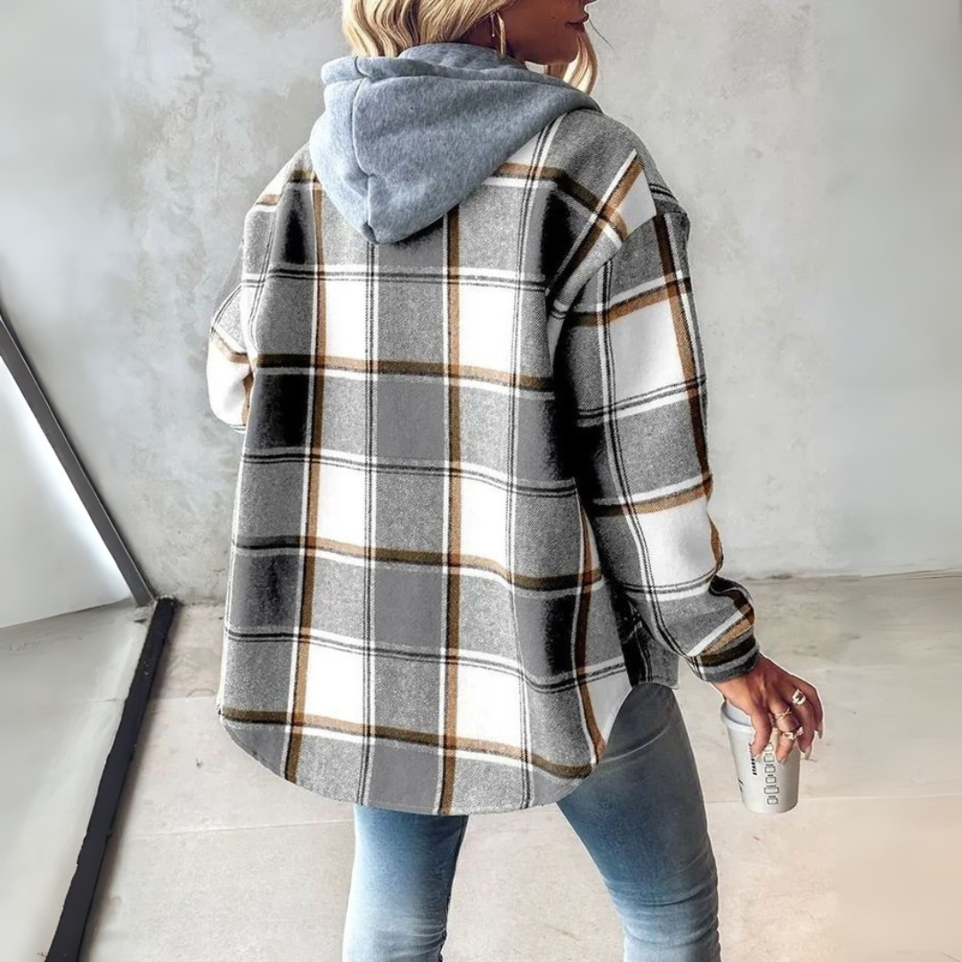 Plaid hooded jacket back view with drawstring hood, long sleeves, dark gray and tan