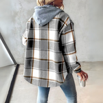 Plaid hooded jacket back view with drawstring hood, long sleeves, dark gray and tan