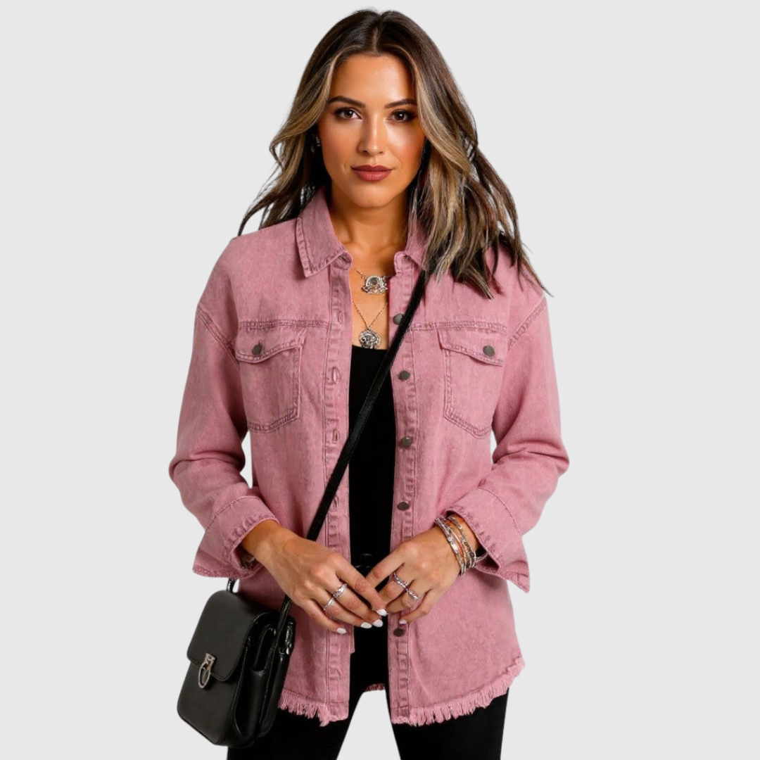 Light pink denim-style jacket with button front, chest pockets, and frayed hem