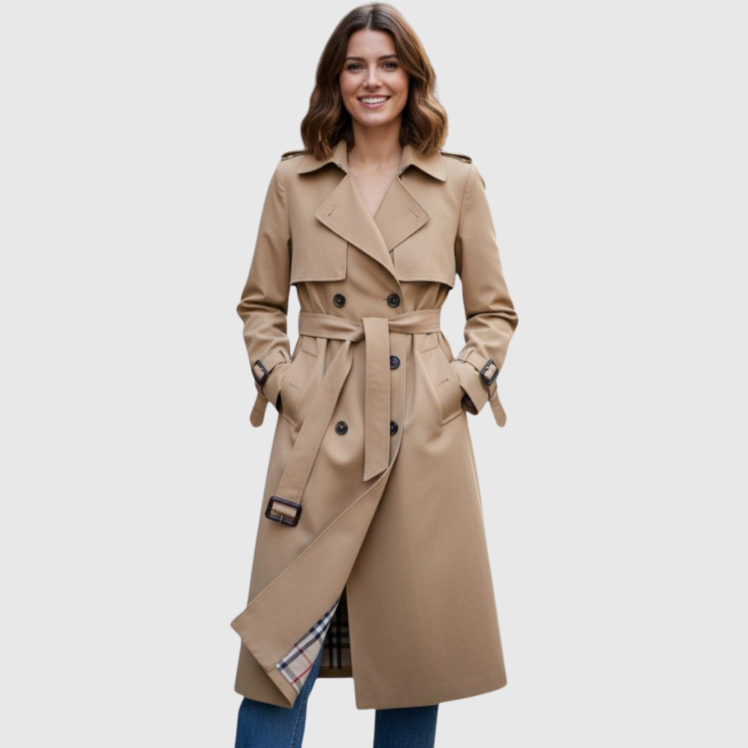 Beige classic double-breasted trench coat with belt, lapels, and cuff tabs
