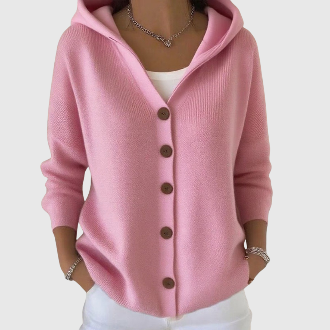 Pink knit cardigan with hood and button-front