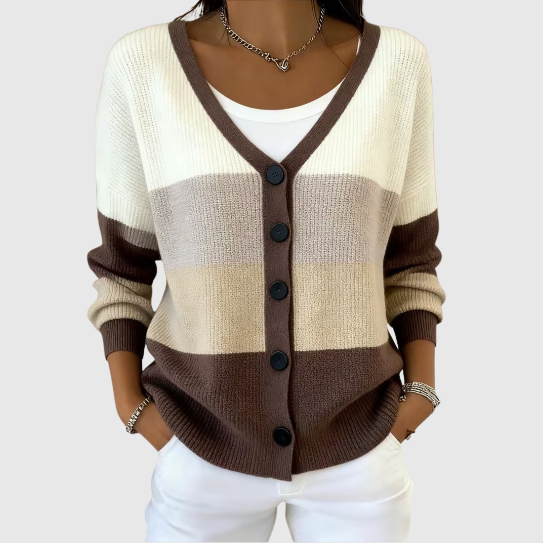Striped knit cardigan with V-neck and front button placket, cream and dark brown