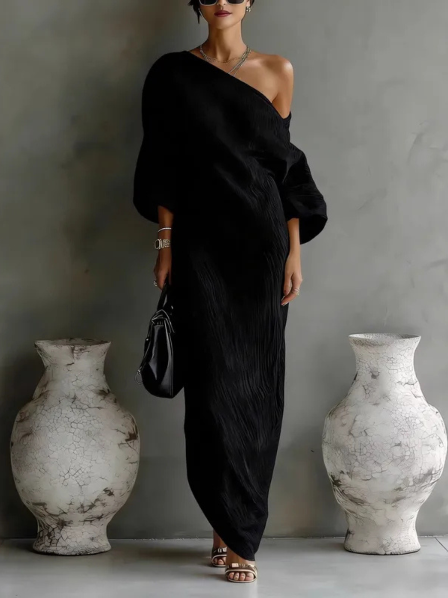 Nelle™ chic black maxi dress, one-shoulder drape with loose three-quarter sleeves
