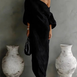 Nelle™ chic black maxi dress, one-shoulder drape with loose three-quarter sleeves