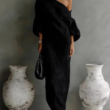 Nelle™ chic black maxi dress, one-shoulder drape with loose three-quarter sleeves