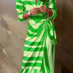 Green and white striped wrap midi dress with V-neck and gathered waist tie