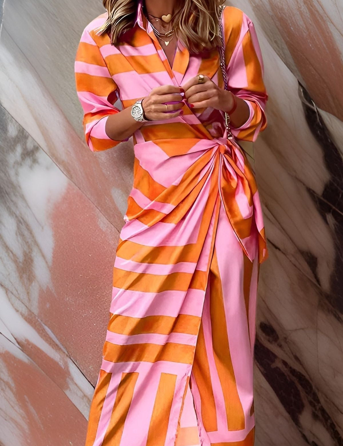 Pink and orange striped wrap midi dress with front tie and V-neck