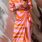 Pink and orange striped wrap midi dress with front tie and V-neck