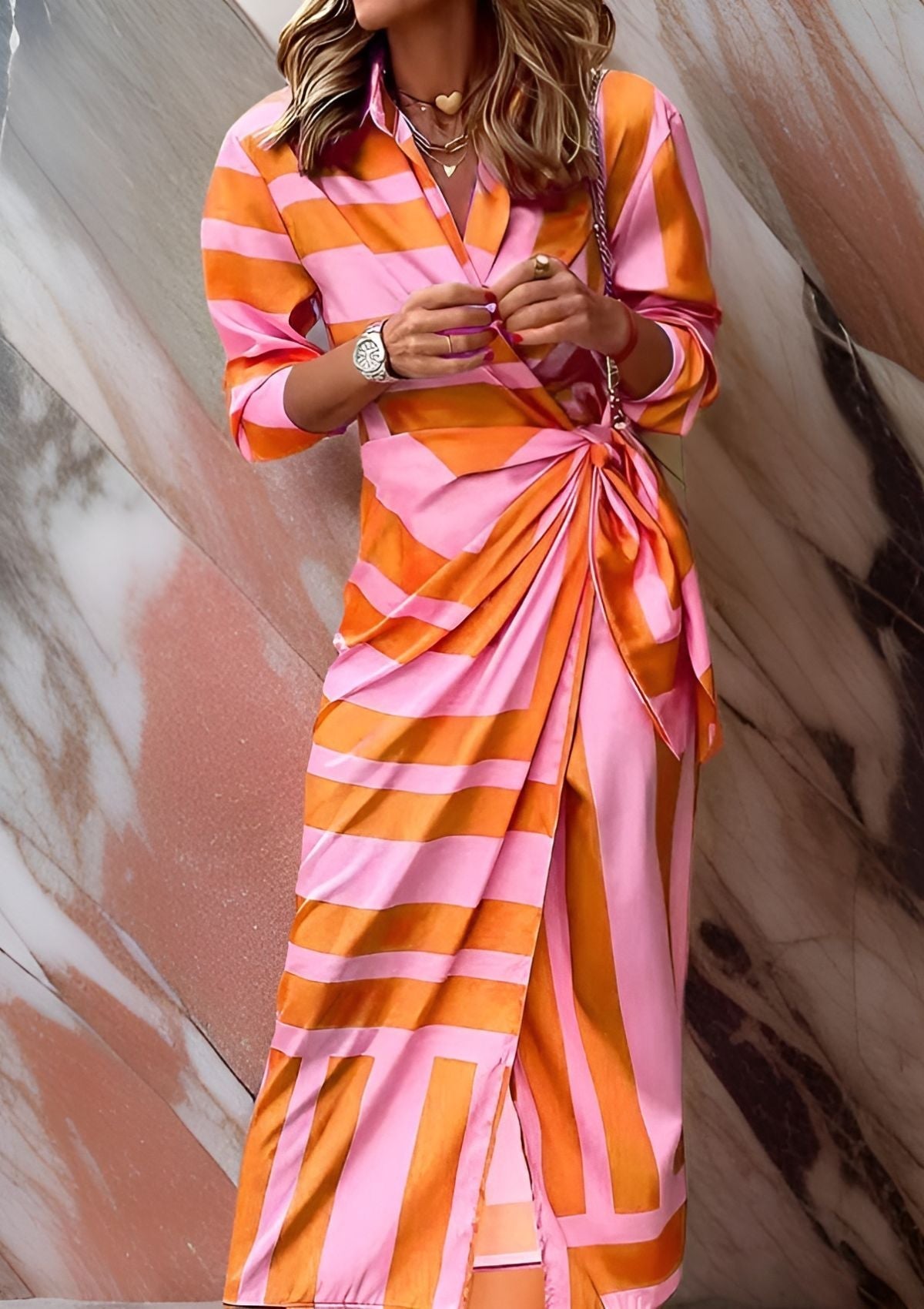 Pink and orange striped wrap midi dress with front tie and V-neck