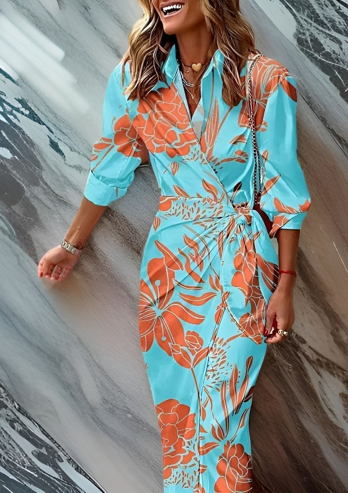 Christiana wrap dress in turquoise with orange floral print, V-neck and waist tie