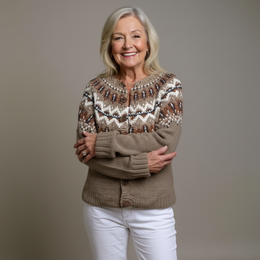 Taupe vintage cardigan with fair isle chevron pattern, button front and ribbed cuffs