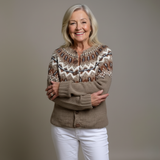 Taupe vintage cardigan with fair isle chevron pattern, button front and ribbed cuffs