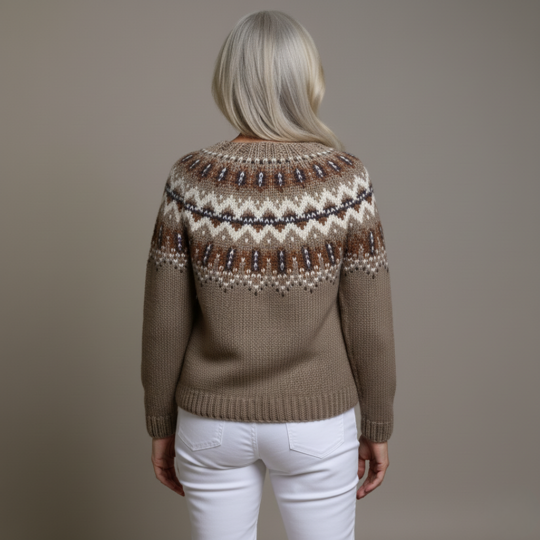 Back view of vintage knit cardigan in taupe with fair isle and beaded motif across yoke