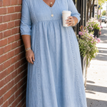 Antonia A-line maxi dress in light blue, V-neck, 3/4 sleeves, buttonless yoke.
