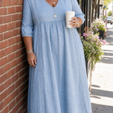 Antonia A-line maxi dress in light blue, V-neck, 3/4 sleeves, buttonless yoke.