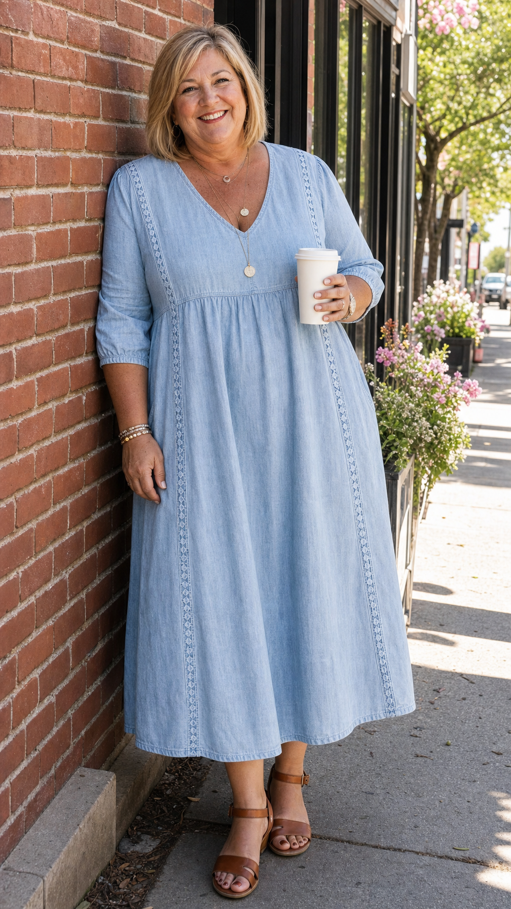 Antonia A-line maxi dress in light blue, V-neck, 3/4 sleeves, buttonless yoke.