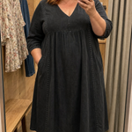 Antonia A-line maxi dress in black, V-neck, 3/4 sleeves, gathered skirt.