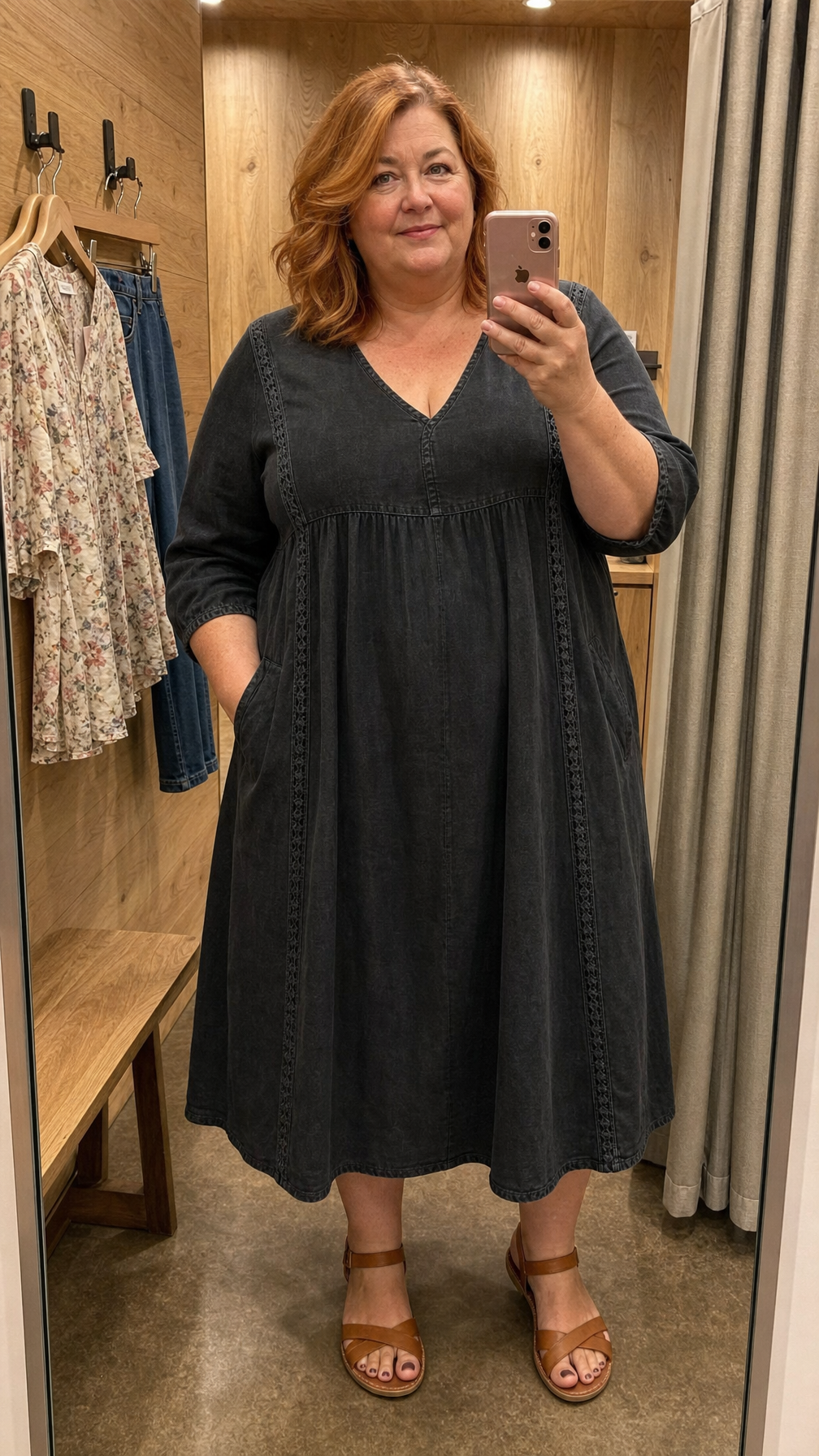 Antonia A-line maxi dress in black, V-neck, 3/4 sleeves, gathered skirt.