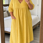 Antonia A-line maxi dress in yellow, V-neck, 3/4 sleeves, gathered bodice.
