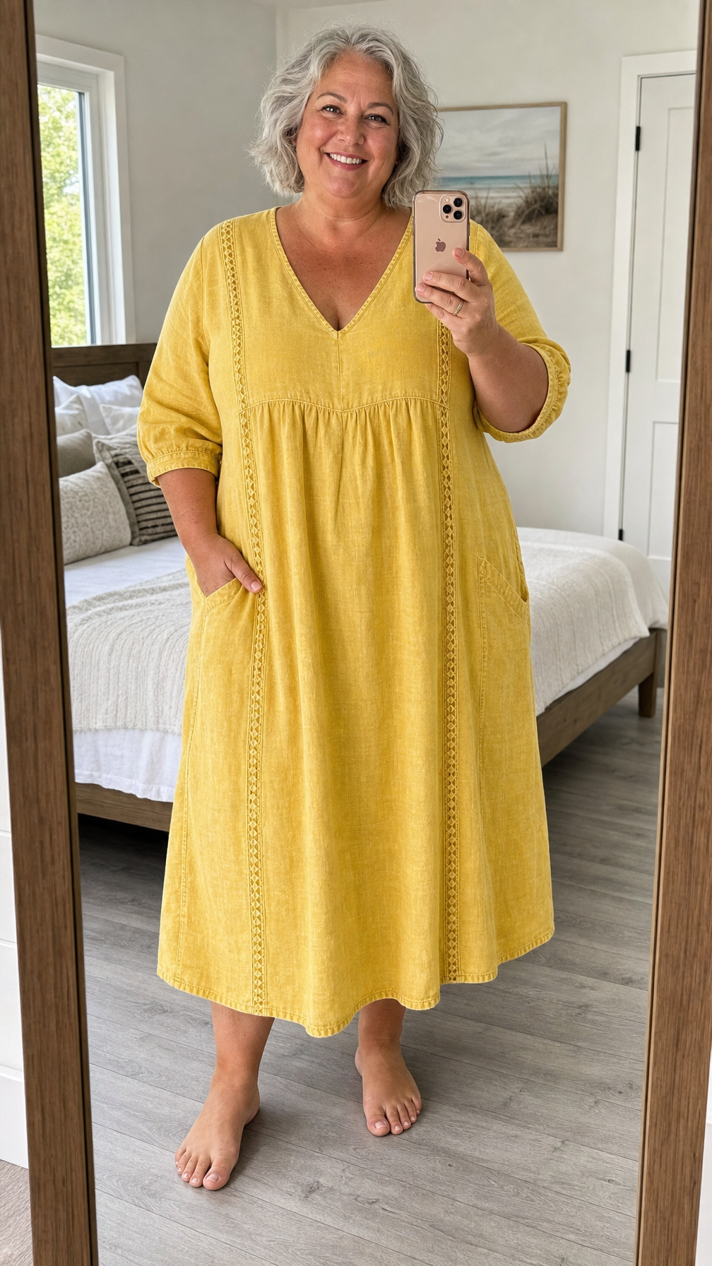 Antonia A-line maxi dress in yellow, V-neck, 3/4 sleeves, gathered bodice.