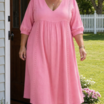 Antonia A-line maxi dress in pink, V-neck, 3/4 sleeves, gathered waist.