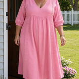 Antonia A-line maxi dress in pink, V-neck, 3/4 sleeves, gathered waist.