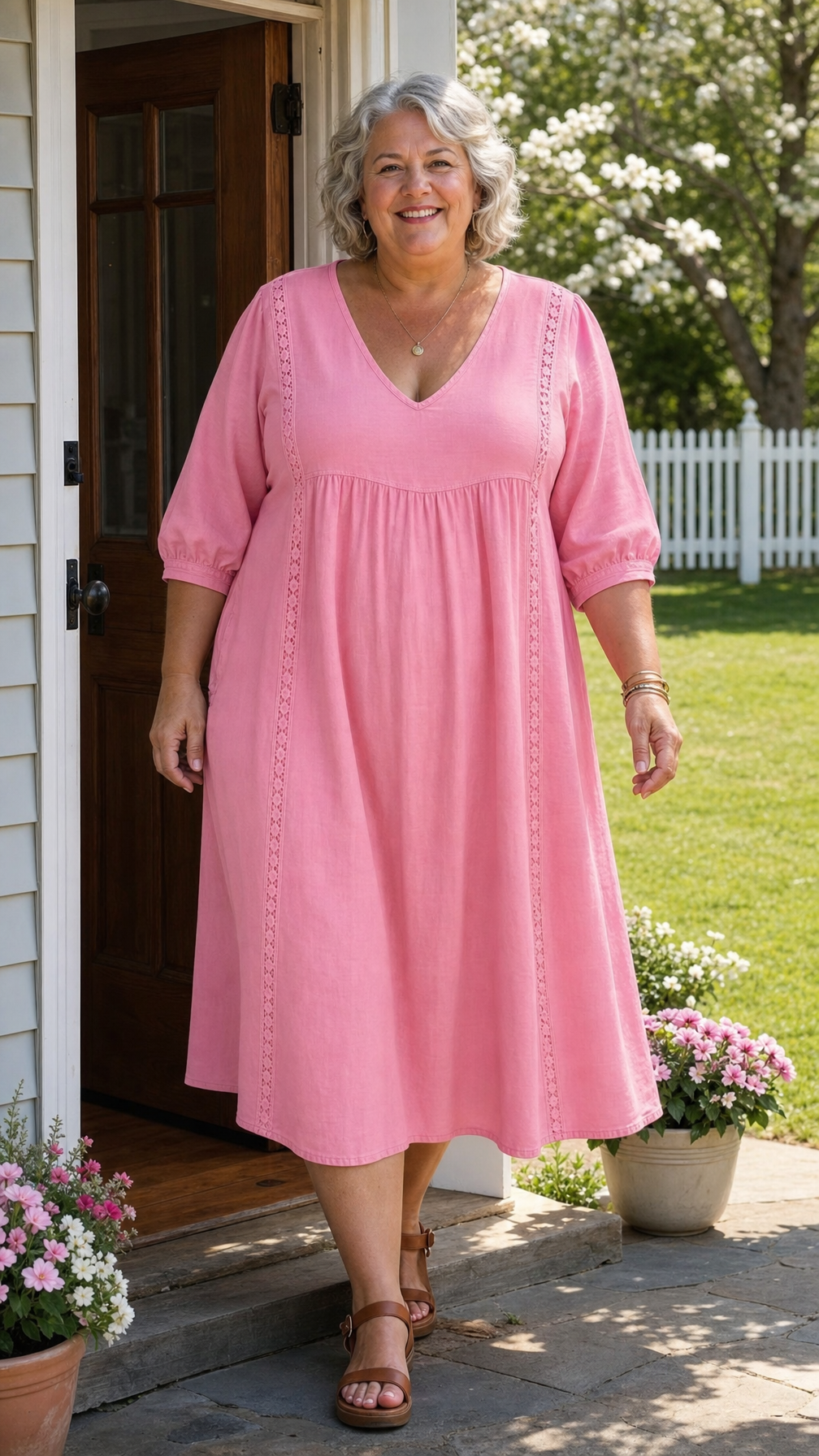 Antonia A-line maxi dress in pink, V-neck, 3/4 sleeves, gathered waist.