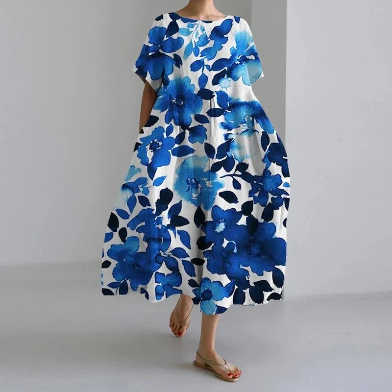 Women's Amalia™ floral dress, blue and white with flutter sleeves
