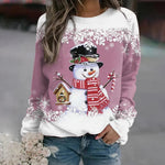 Pink Christmas sweater with crew neck, white border, snowman graphic holding candy cane