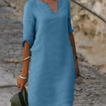 Josette V-neck midi dress in light blue with three-quarter sleeves