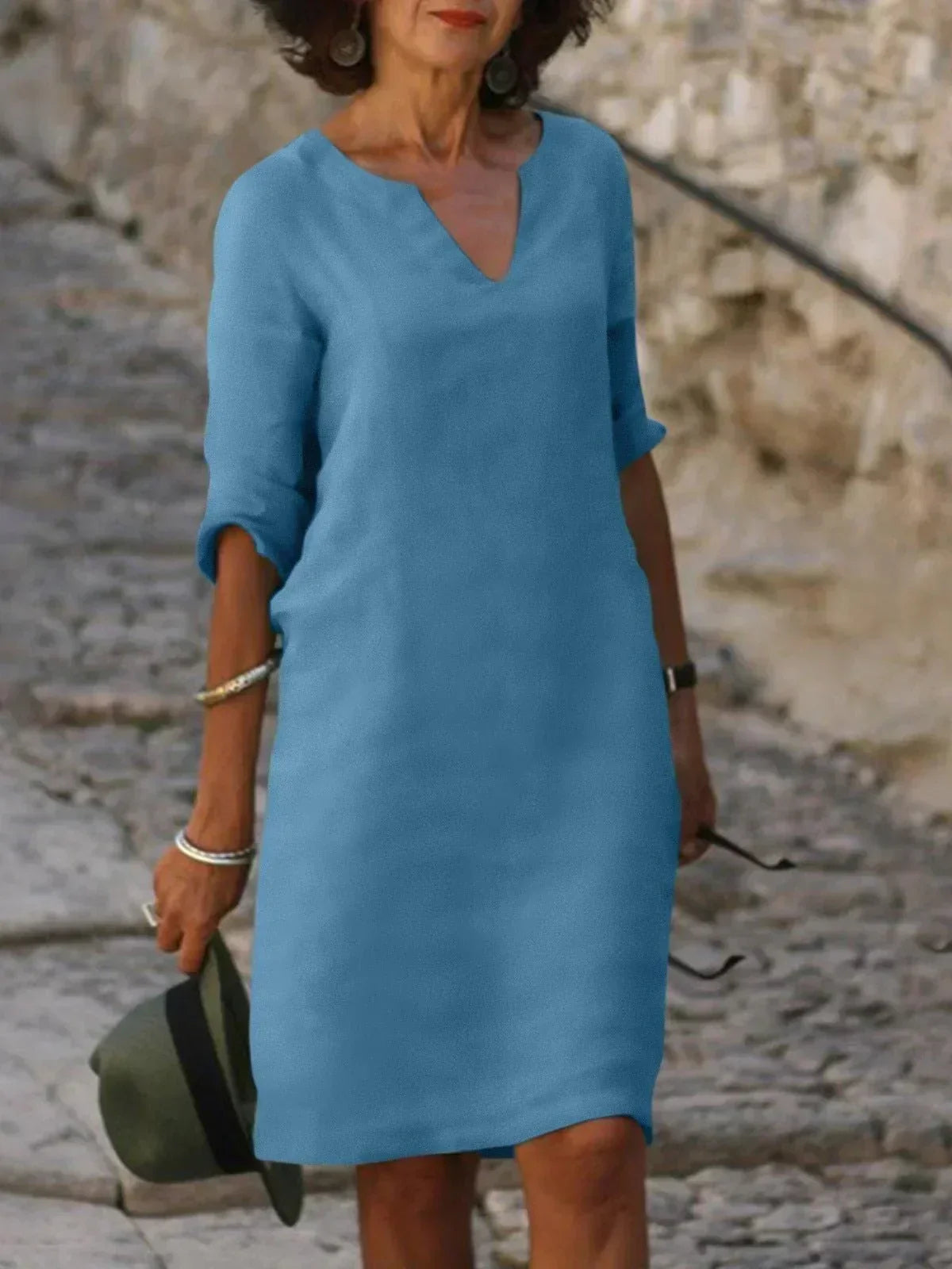 Josette V-neck midi dress in light blue with three-quarter sleeves