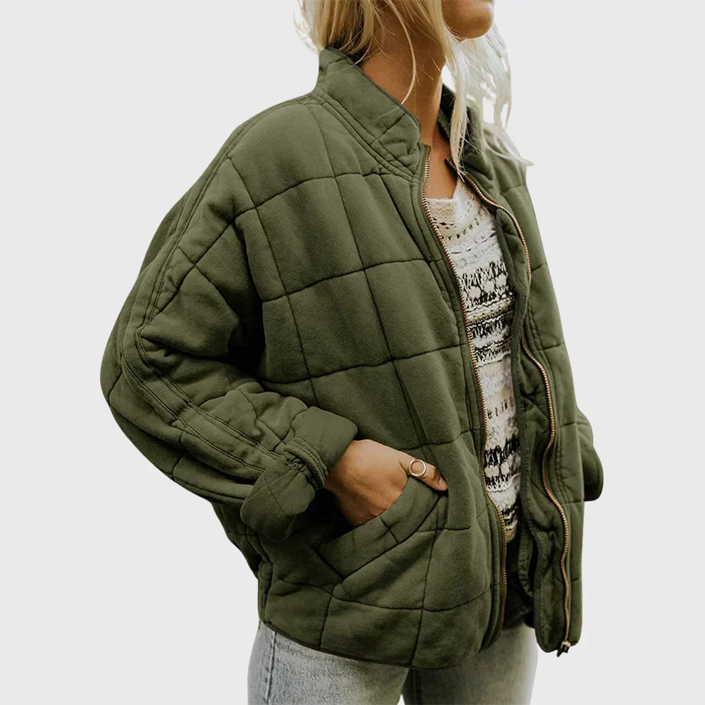 Olive green quilted comfort jacket, full-zip, stand collar, long sleeves, side pockets