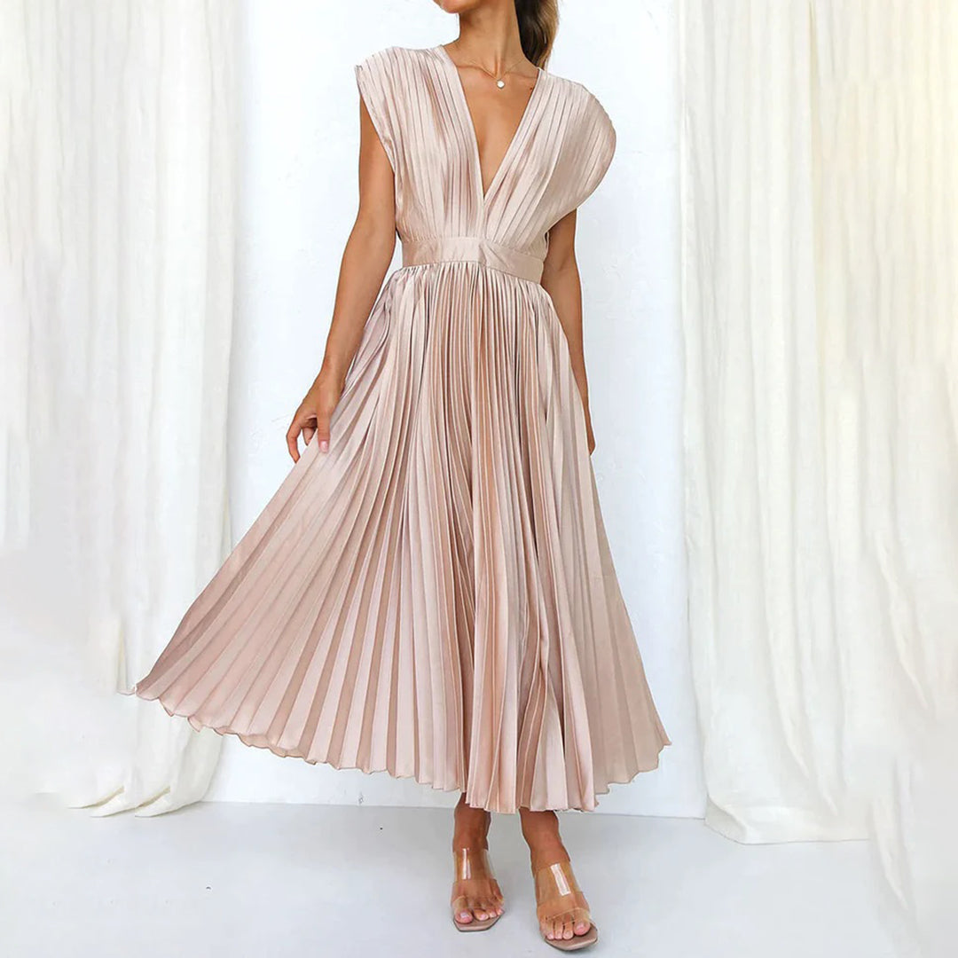 Pleated champagne midi dress with V-neck and cap sleeves, gathered waist