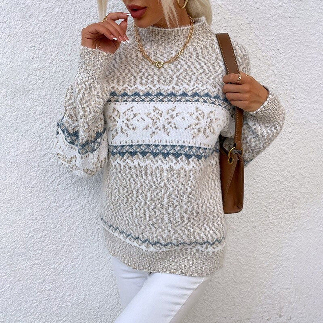 Vintage Icelandic pullover in light cream with white fair isle yoke and blue stripe