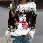 Dark brown Christmas sweater with crew neck, white border, snowman graphic holding candy cane