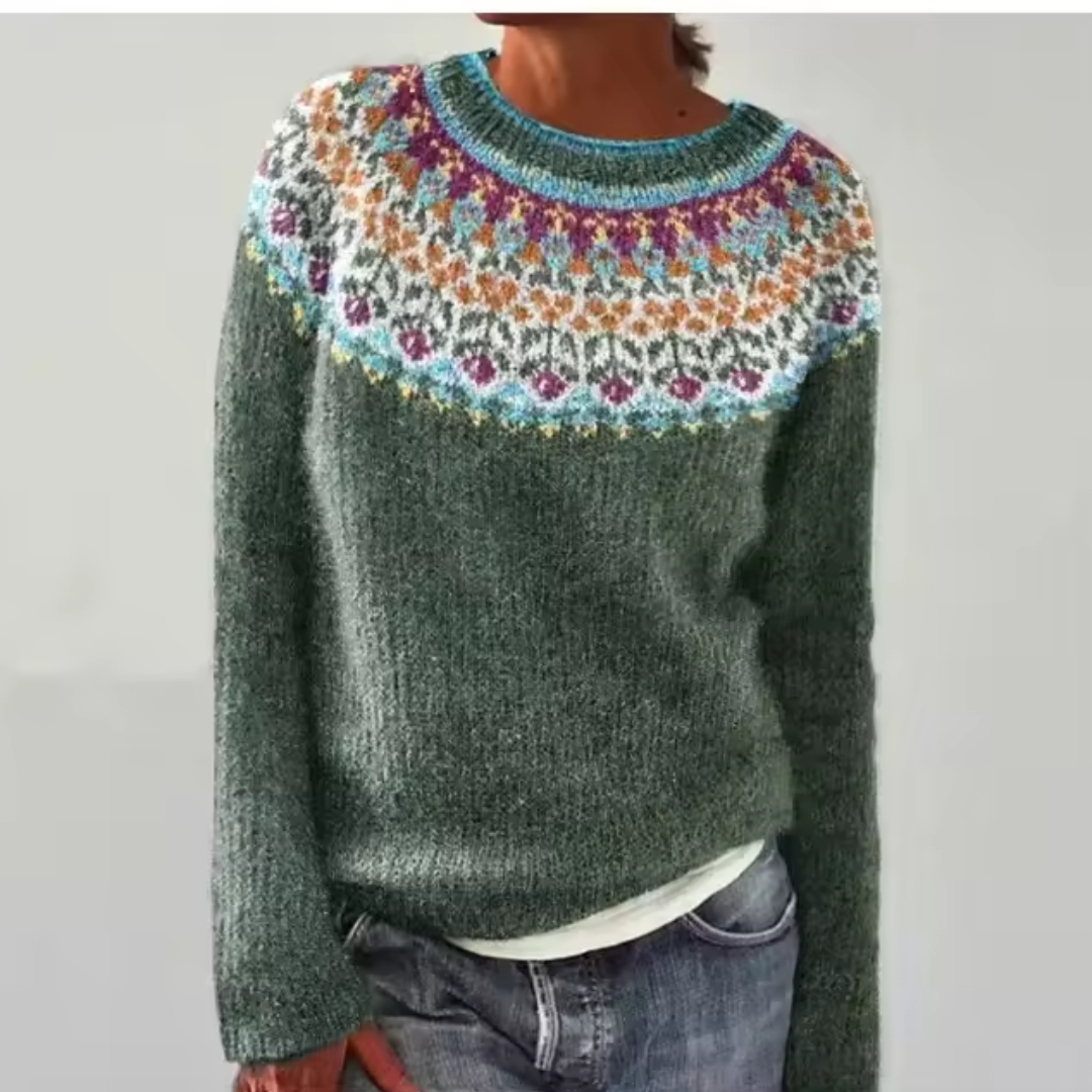 Silvana™ retro sweater in dark green with multicolor yoke knit crewneck long sleeves