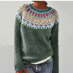 Silvana™ retro sweater in dark green with multicolor yoke knit crewneck long sleeves
