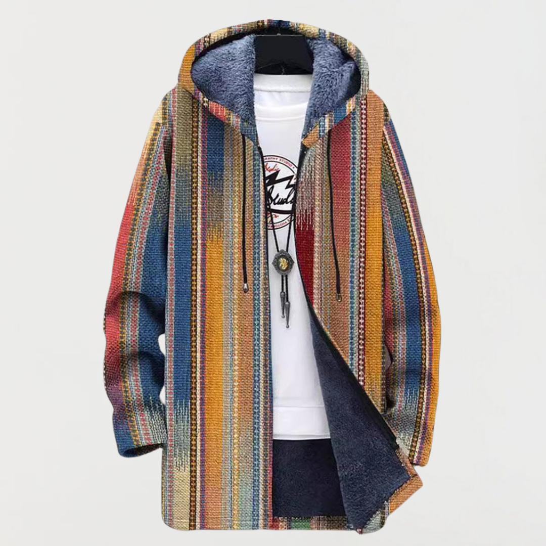 Multicolor striped hooded jacket with fleece lining and front zipper