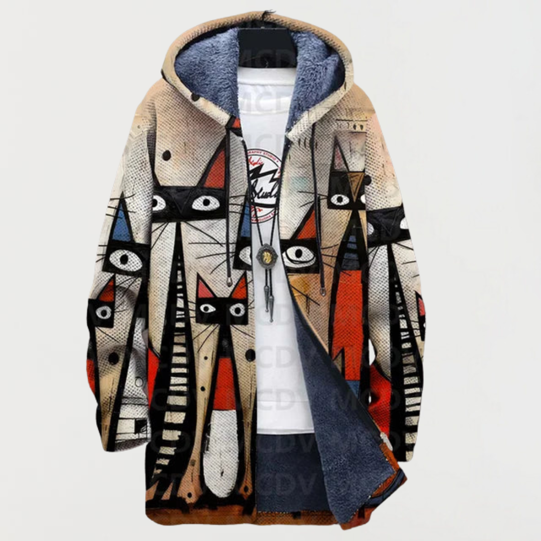 Multicolor hooded jacket with abstract cat face pattern, zip front, fleece-lined hood