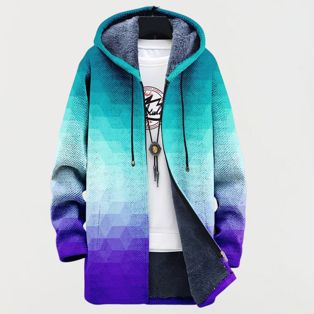 Hexagonal gradient zip-up hooded jacket, teal to purple with drawstring cords