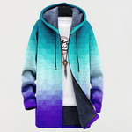 Hexagonal gradient zip-up hooded jacket, teal to purple with drawstring cords
