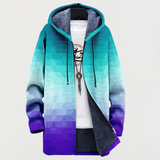 Hexagonal gradient zip-up hooded jacket, teal to purple with drawstring cords