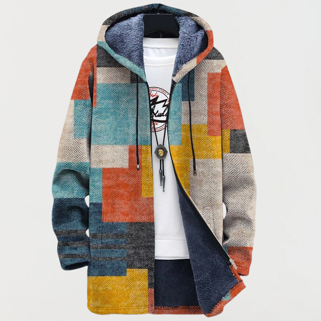 Geometric color block hoodie jacket with zipper, drawstring, and front pockets